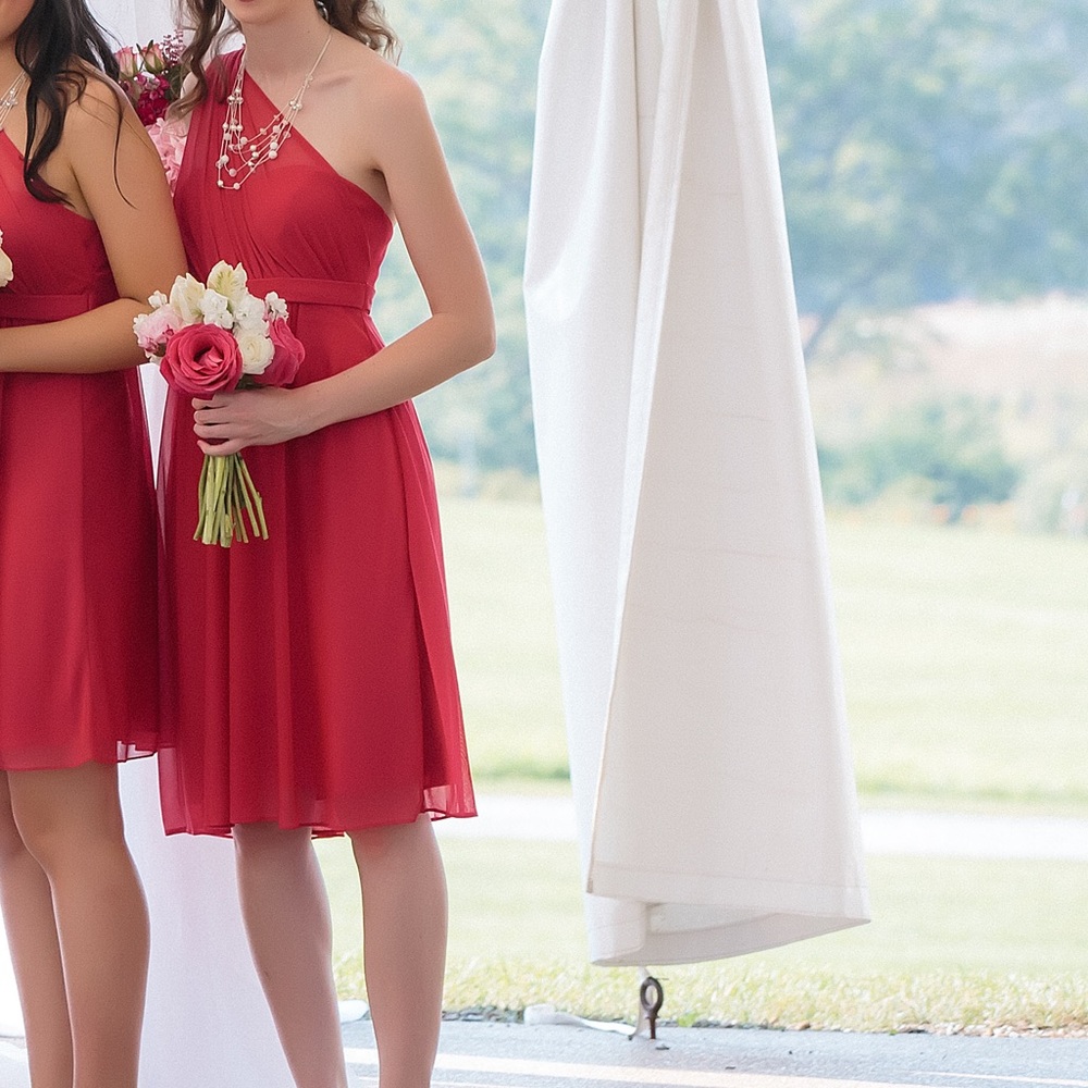 David’s Bridal Watermelon One Shoulder Short Dress